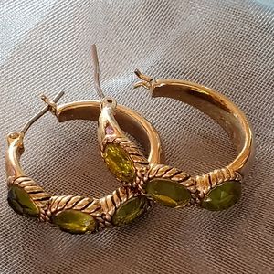Vintage gold & 3 green Peridot gemstone pierced loop earrings